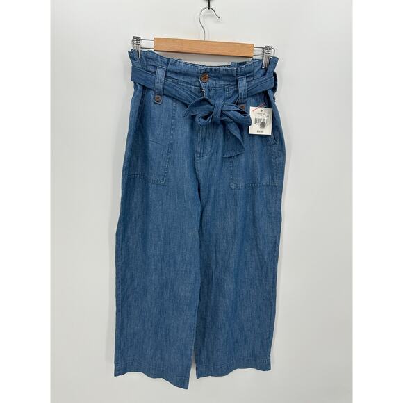 Falls Creek Womens Chambray Crop Pants Size 8 NWT Cotton Belted Paperbag - Picture 1 of 7